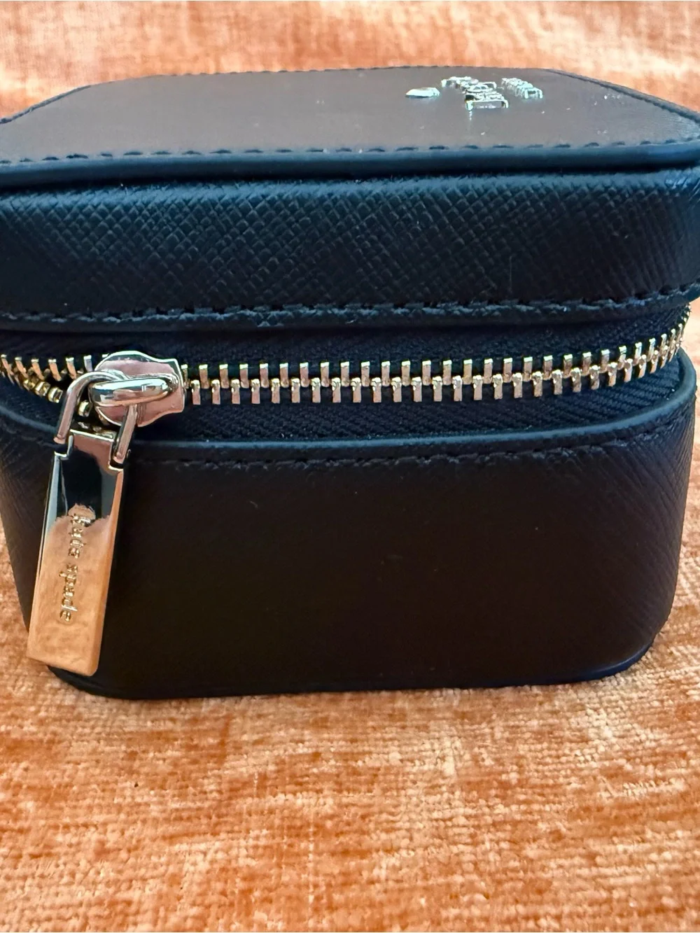 kate spade Staci travel zip jewelry case: black with gold logo and zipper